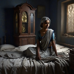 {a dimly lit|a shadow-drenched|a candle-flickering} {bedroom|guest room|private study} where Dheeraj, a {weathered yet alluring|delicate but strong|soft-featured with restless eyes} {45-year-old maid|housemaid in her prime|careworn domestic worker} stands hesitantly near {a mahogany dresser|an antique vanity|a rumpled bed}, her {sari slightly loosened|faded cotton nightgown clinging|work-worn hands trembling} as Vijay, her {broad-shouldered|silver-haired|commanding yet gentle} {56-year-old landlord|unmarried property owner|wealthy recluse}, reaches out to {cup her face|trace her collarbone|pull her close}. The air is thick with {unspoken longing|years of pent-up desire|electric hesitation}, their {age-worn|calloused|desperate} fingers entwining as {a storm rages outside|the grandfather clock chimes midnight|a single tear slips down Dheeraj's cheek}. The scene pulses with {raw, forbidden passion|aching vulnerability|the weight of lifetimes unlived}, their bodies {pressed together in the half-light|collapsing onto tangled sheets|frozen in the moment before surrender}, surrounded by {discarded household items|scattered account ledgers|the faint scent of jasmine oil}. {Oil painting style|film noir lighting|hyperrealistic detail} captures every {wrinkle of tension|fleeting glance|shuddering breath}, as the {cold, dark night|relentless monsoon rain|silent house} bears witness to their {clandestine union|long-awaited release|irrevocable crossing of lines}.