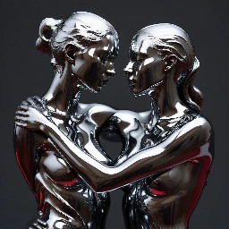 "A dynamic face-to-face sculptural composition of two figures cast in ultra-glossy fluidic liquid metal. Their lower torsos align in close contact, her back arched in a dramatic curve, one leg elegantly lifted and bent to rest against his hip for balance. He supports her weight with one hand firmly placed along her lower back, while his other hand cradles the back of her neck. Their faces are positioned in close proximity, capturing a moment of intense visual connection. Both are rendered as highly polished, flowing liquid metal forms with extreme mirror-finish gloss, hyper-specular highlights, and visible surface tension. He is forged from deep obsidian black chrome, she from rich ruby red molten alloy. Thick, viscous droplets fall naturally from their contours, and where their forms intersect, the metals subtly blend and flow together. Set against a smooth dark-to-light grey gradient background. They stand upon a perfectly reflective liquid metal plane, with concentric ripples radiating outward from their base, mirroring their intertwined silhouettes. Cinematic studio lighting, abstract liquid sculpture, study in fluid dynamics, high-fashion editorial aesthetic, ultra-detailed, hyperrealistic, 8k, maximum reflectivity, wet-look polished chrome finish