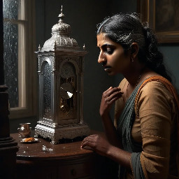 {a dimly lit|a shadow-drenched|a candle-flickering} {bedroom|guest room|private study} where Dheeraj, a {weathered yet alluring|delicate but strong|soft-featured with restless eyes} {45-year-old maid|housemaid in her prime|careworn domestic worker} stands hesitantly near {a mahogany dresser|an antique vanity|a rumpled bed}, her {sari slightly loosened|faded cotton nightgown clinging|work-worn hands trembling} as Vijay, her {broad-shouldered|silver-haired|commanding yet gentle} {56-year-old landlord|unmarried property owner|wealthy recluse}, reaches out to {cup her face|trace her collarbone|pull her close}. The air is thick with {unspoken longing|years of pent-up desire|electric hesitation}, their {age-worn|calloused|desperate} fingers entwining as {a storm rages outside|the grandfather clock chimes midnight|a single tear slips down Dheeraj's cheek}. The scene pulses with {raw, forbidden passion|aching vulnerability|the weight of lifetimes unlived}, their bodies {pressed together in the half-light|collapsing onto tangled sheets|frozen in the moment before surrender}, surrounded by {discarded household items|scattered account ledgers|the faint scent of jasmine oil}. {Oil painting style|film noir lighting|hyperrealistic detail} captures every {wrinkle of tension|fleeting glance|shuddering breath}, as the {cold, dark night|relentless monsoon rain|silent house} bears witness to their {clandestine union|long-awaited release|irrevocable crossing of lines}.