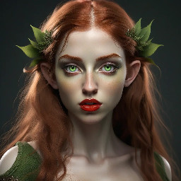 Red-haired elf, light green almond-shaped eyes, long, thick eyelashes, lined red lips, waist-length hair; athletic, with a small waist, large breasts, shapely legs