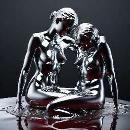 "A dynamic face-to-face sculptural composition of two figures cast in ultra-glossy fluidic liquid metal. Their lower torsos align in close contact, her back arched in a dramatic curve, one leg elegantly lifted and bent to rest against his hip for balance. He supports her weight with one hand firmly placed along her lower back, while his other hand cradles the back of her neck. Their faces are positioned in close proximity, capturing a moment of intense visual connection. Both are rendered as highly polished, flowing liquid metal forms with extreme mirror-finish gloss, hyper-specular highlights, and visible surface tension. He is forged from deep obsidian black chrome, she from rich ruby red molten alloy. Thick, viscous droplets fall naturally from their contours, and where their forms intersect, the metals subtly blend and flow together. Set against a smooth dark-to-light grey gradient background. They stand upon a perfectly reflective liquid metal plane, with concentric ripples radiating outward from their base, mirroring their intertwined silhouettes. Cinematic studio lighting, abstract liquid sculpture, study in fluid dynamics, high-fashion editorial aesthetic, ultra-detailed, hyperrealistic, 8k, maximum reflectivity, wet-look polished chrome finish