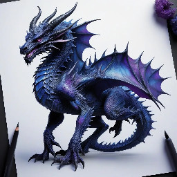 black with traces of dark blue and violet crystalline dragon with lots of horns and spikes on it