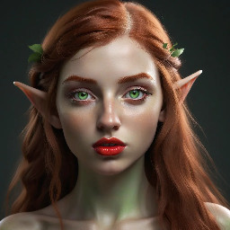 Red-haired elf, light green almond-shaped eyes, long, thick eyelashes, lined red lips, waist-length hair; athletic, with a small waist, large breasts, shapely legs