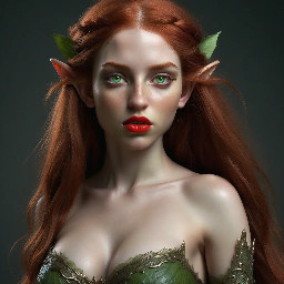 Red-haired elf, light green almond-shaped eyes, long, thick eyelashes, lined red lips, waist-length hair; athletic, with a small waist, large breasts, shapely legs