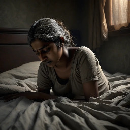 {a dimly lit|a shadow-drenched|a candle-flickering} {bedroom|guest room|private study} where Dheeraj, a {weathered yet alluring|delicate but strong|soft-featured with restless eyes} {45-year-old maid|housemaid in her prime|careworn domestic worker} stands hesitantly near {a mahogany dresser|an antique vanity|a rumpled bed}, her {sari slightly loosened|faded cotton nightgown clinging|work-worn hands trembling} as Vijay, her {broad-shouldered|silver-haired|commanding yet gentle} {56-year-old landlord|unmarried property owner|wealthy recluse}, reaches out to {cup her face|trace her collarbone|pull her close}. The air is thick with {unspoken longing|years of pent-up desire|electric hesitation}, their {age-worn|calloused|desperate} fingers entwining as {a storm rages outside|the grandfather clock chimes midnight|a single tear slips down Dheeraj's cheek}. The scene pulses with {raw, forbidden passion|aching vulnerability|the weight of lifetimes unlived}, their bodies {pressed together in the half-light|collapsing onto tangled sheets|frozen in the moment before surrender}, surrounded by {discarded household items|scattered account ledgers|the faint scent of jasmine oil}. {Oil painting style|film noir lighting|hyperrealistic detail} captures every {wrinkle of tension|fleeting glance|shuddering breath}, as the {cold, dark night|relentless monsoon rain|silent house} bears witness to their {clandestine union|long-awaited release|irrevocable crossing of lines}.