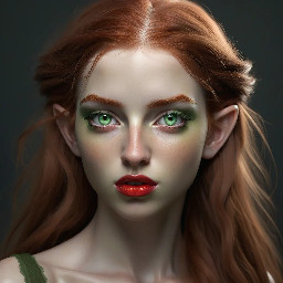 Red-haired elf, light green almond-shaped eyes, long, thick eyelashes, lined red lips, waist-length hair; athletic, with a small waist, large breasts, shapely legs