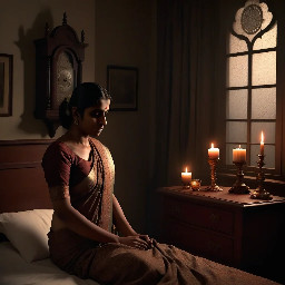 {a dimly lit|a shadow-drenched|a candle-flickering} {bedroom|guest room|private study} where Dheeraj, a {weathered yet alluring|delicate but strong|soft-featured with restless eyes} {45-year-old maid|housemaid in her prime|careworn domestic worker} stands hesitantly near {a mahogany dresser|an antique vanity|a rumpled bed}, her {sari slightly loosened|faded cotton nightgown clinging|work-worn hands trembling} as Vijay, her {broad-shouldered|silver-haired|commanding yet gentle} {56-year-old landlord|unmarried property owner|wealthy recluse}, reaches out to {cup her face|trace her collarbone|pull her close}. The air is thick with {unspoken longing|years of pent-up desire|electric hesitation}, their {age-worn|calloused|desperate} fingers entwining as {a storm rages outside|the grandfather clock chimes midnight|a single tear slips down Dheeraj's cheek}. The scene pulses with {raw, forbidden passion|aching vulnerability|the weight of lifetimes unlived}, their bodies {pressed together in the half-light|collapsing onto tangled sheets|frozen in the moment before surrender}, surrounded by {discarded household items|scattered account ledgers|the faint scent of jasmine oil}. {Oil painting style|film noir lighting|hyperrealistic detail} captures every {wrinkle of tension|fleeting glance|shuddering breath}, as the {cold, dark night|relentless monsoon rain|silent house} bears witness to their {clandestine union|long-awaited release|irrevocable crossing of lines}.